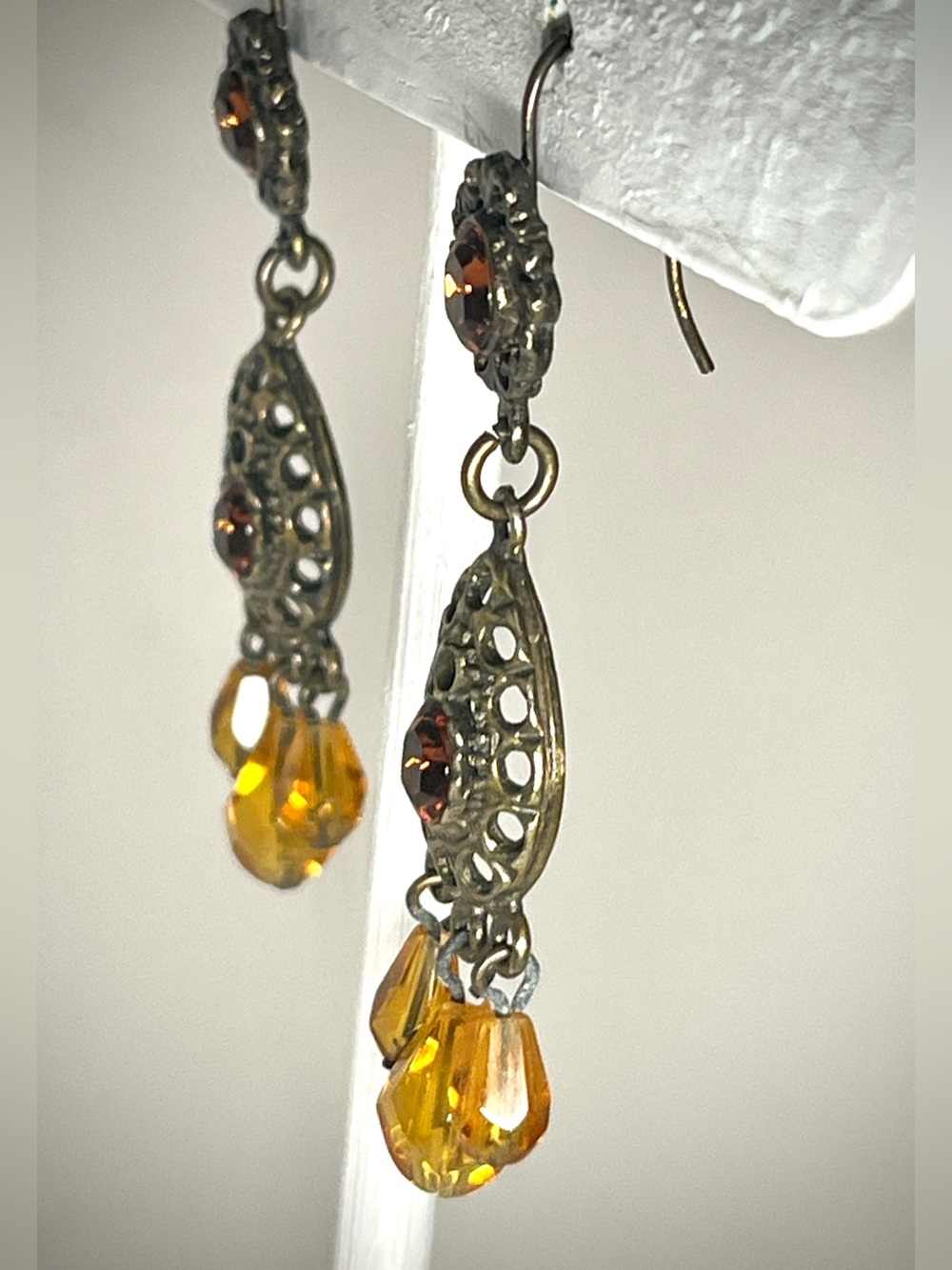 Vintage Copper Filigree with Amber Colored Rhinestone Dangle Pierced Earrings